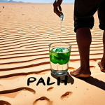 **A vibrant illustration of a person walking through a scorching desert, desperately reaching for a glass of cold water. The word "Paani" (पानी) is written above the water, with a small Thai translation below.** (Focuses on creating a vivid image and association with a personal experience related to water).