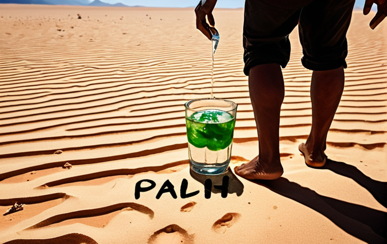 **A vibrant illustration of a person walking through a scorching desert, desperately reaching for a glass of cold water. The word "Paani" (पानी) is written above the water, with a small Thai translation below.** (Focuses on creating a vivid image and association with a personal experience related to water).