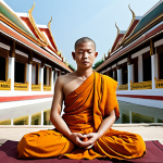 **A serene meditation scene in a Thai temple, depicting a monk practicing mindfulness with a backdrop of traditional Thai architecture, showcasing inner peace and spiritual enlightenment.**