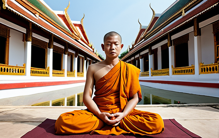 **A serene meditation scene in a Thai temple, depicting a monk practicing mindfulness with a backdrop of traditional Thai architecture, showcasing inner peace and spiritual enlightenment.**