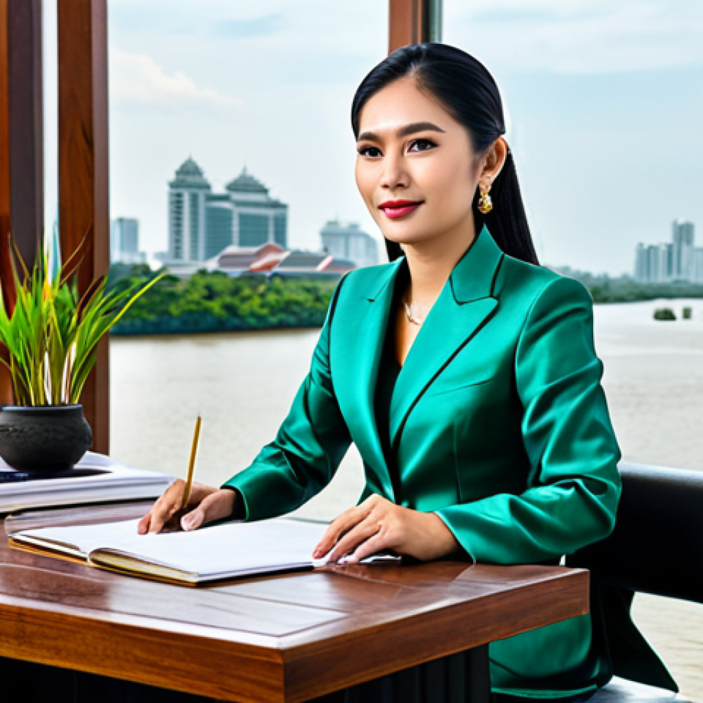 **
A professional Thai businesswoman in a modest, elegant Thai silk suit (Suea Phraratchathan style), sitting at a teak wood desk in a bright, modern Bangkok office overlooking the Chao Phraya River. Fully clothed, appropriate attire, safe for work, perfect anatomy, natural proportions, professional photography, high quality. The scene includes traditional Thai decorations and lush green plants. Family-friendly.
**