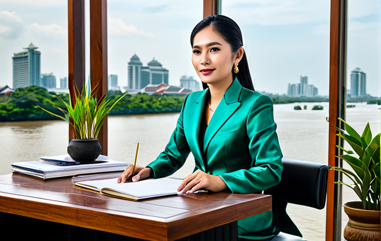 **

A professional Thai businesswoman in a modest, elegant Thai silk suit (Suea Phraratchathan style), sitting at a teak wood desk in a bright, modern Bangkok office overlooking the Chao Phraya River. Fully clothed, appropriate attire, safe for work, perfect anatomy, natural proportions, professional photography, high quality. The scene includes traditional Thai decorations and lush green plants. Family-friendly.

**