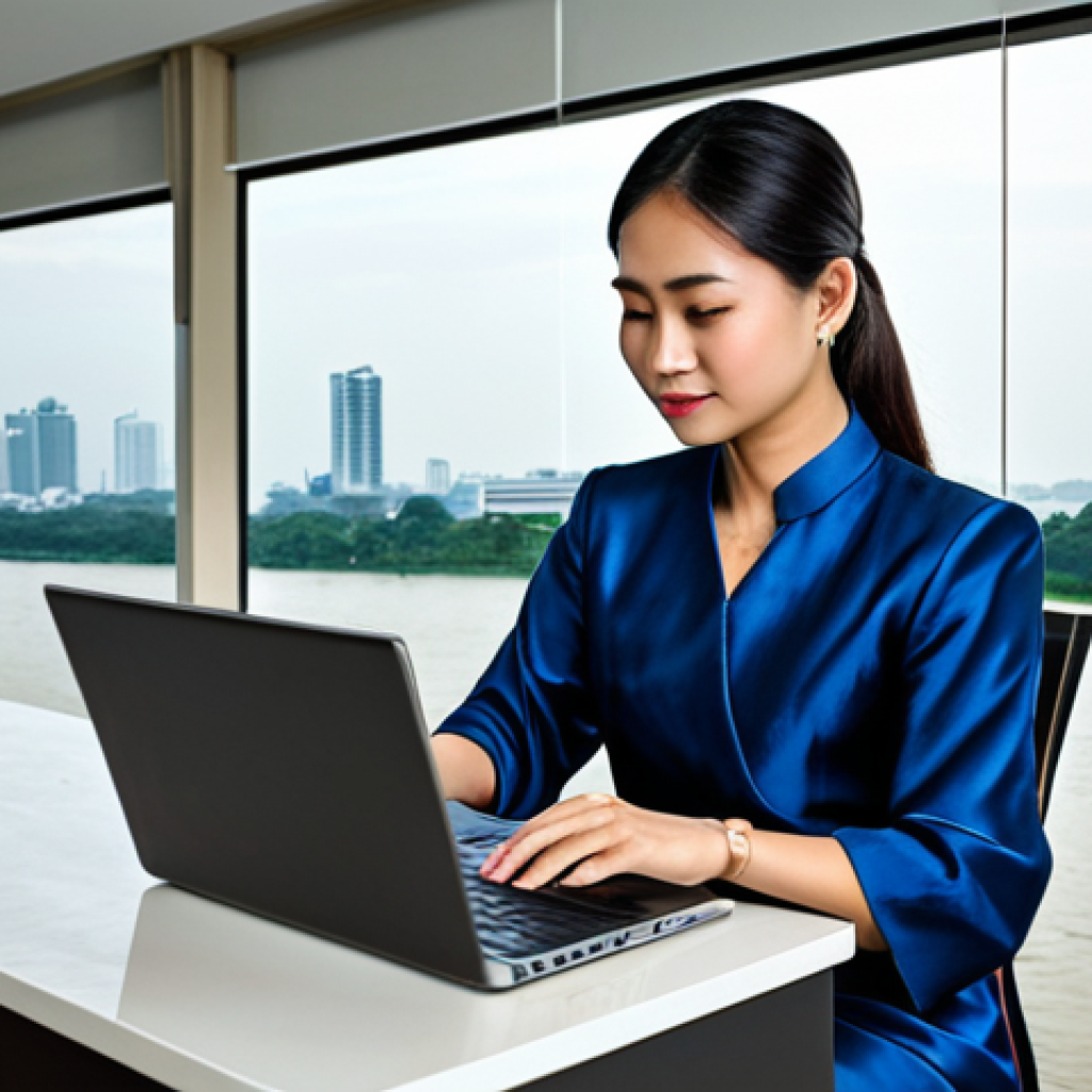 **

A professional Thai businesswoman in a modest, elegant silk dress, working on a laptop in a modern Bangkok office with a view of the Chao Phraya River. Fully clothed, appropriate attire, safe for work, perfect anatomy, natural proportions, professional photography, high quality.

**