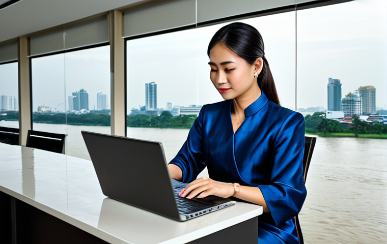 **

A professional Thai businesswoman in a modest, elegant silk dress, working on a laptop in a modern Bangkok office with a view of the Chao Phraya River. Fully clothed, appropriate attire, safe for work, perfect anatomy, natural proportions, professional photography, high quality.

**