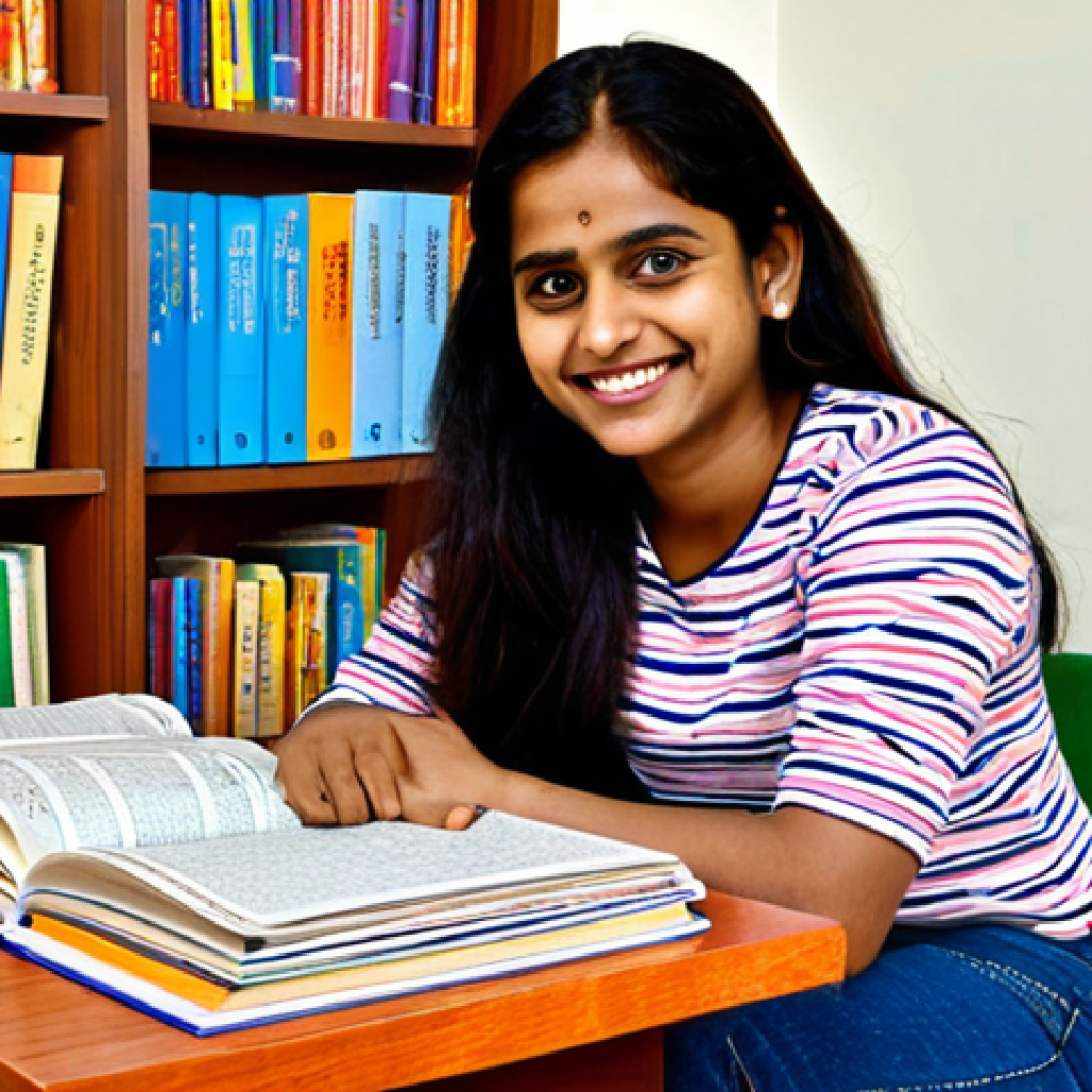 Learning Hindi**
"A young woman with a friendly smile, sitting at a desk covered with Hindi textbooks and flashcards, fully clothed in a modest, colorful top and jeans, learning Hindi characters. Background: a cozy study room with bookshelves. Perfect anatomy, correct proportions, natural pose, well-formed hands, proper finger count. Safe for work, appropriate content, fully clothed, family-friendly."
**