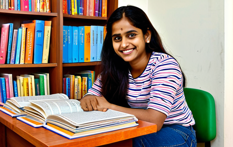 Learning Hindi**

"A young woman with a friendly smile, sitting at a desk covered with Hindi textbooks and flashcards, fully clothed in a modest, colorful top and jeans, learning Hindi characters. Background: a cozy study room with bookshelves. Perfect anatomy, correct proportions, natural pose, well-formed hands, proper finger count. Safe for work, appropriate content, fully clothed, family-friendly."

**