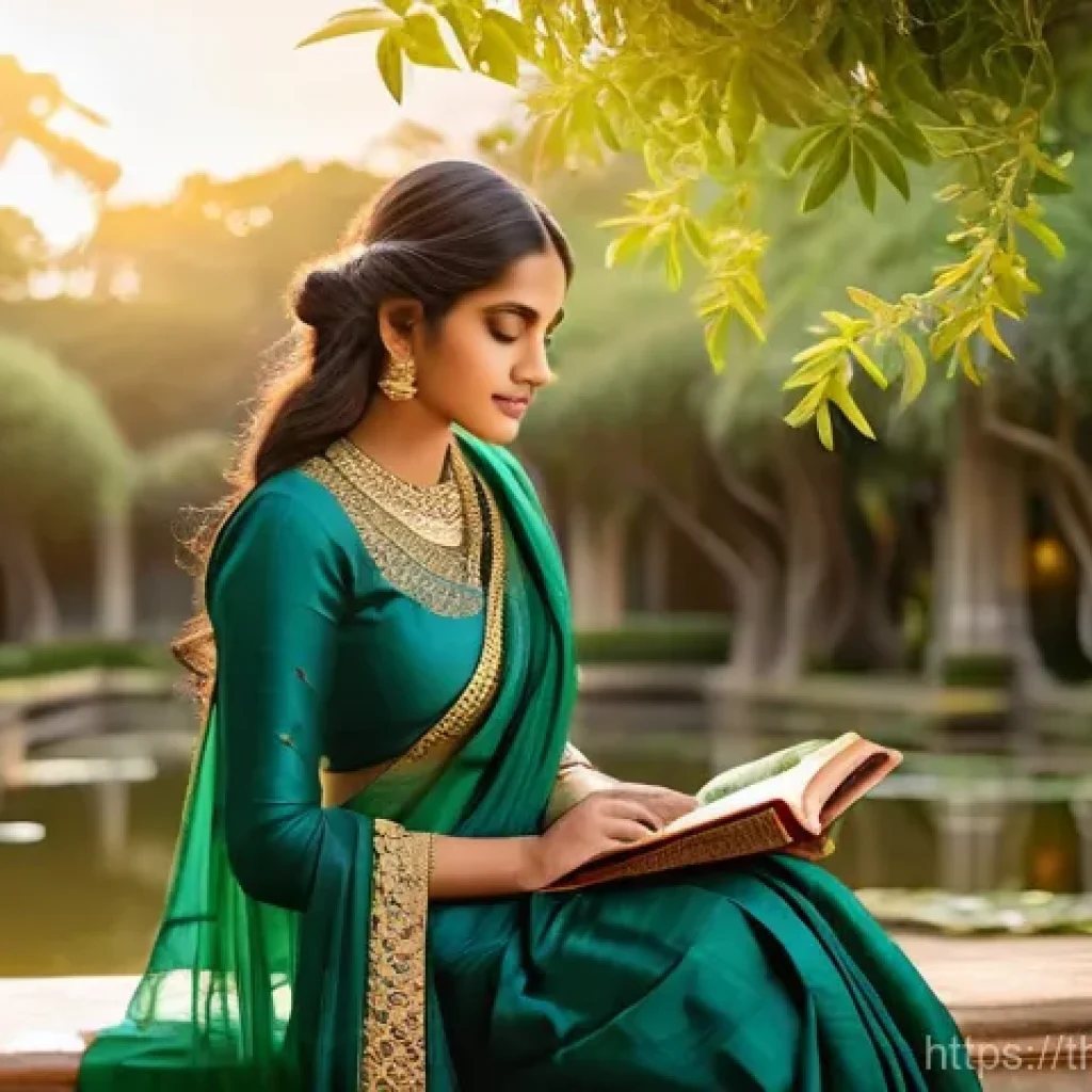 힌디어 시와 소설 - **Prompt 1: Serene Garden of Poetic Reflection**
    "A young Indian woman, approximately 25 years o...
