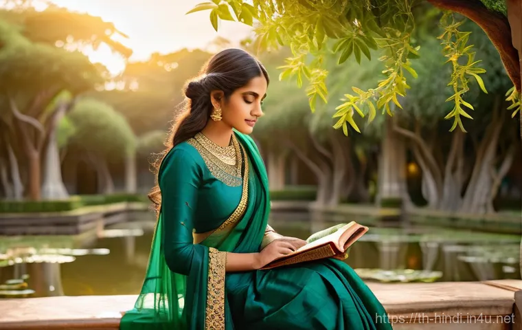 힌디어 시와 소설 - **Prompt 1: Serene Garden of Poetic Reflection**
    "A young Indian woman, approximately 25 years o...