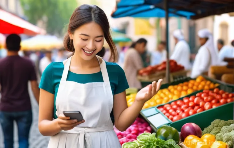 힌디어 길 묻기 - Image Prompt 1: Friendly Encounter at a Vibrant Market**