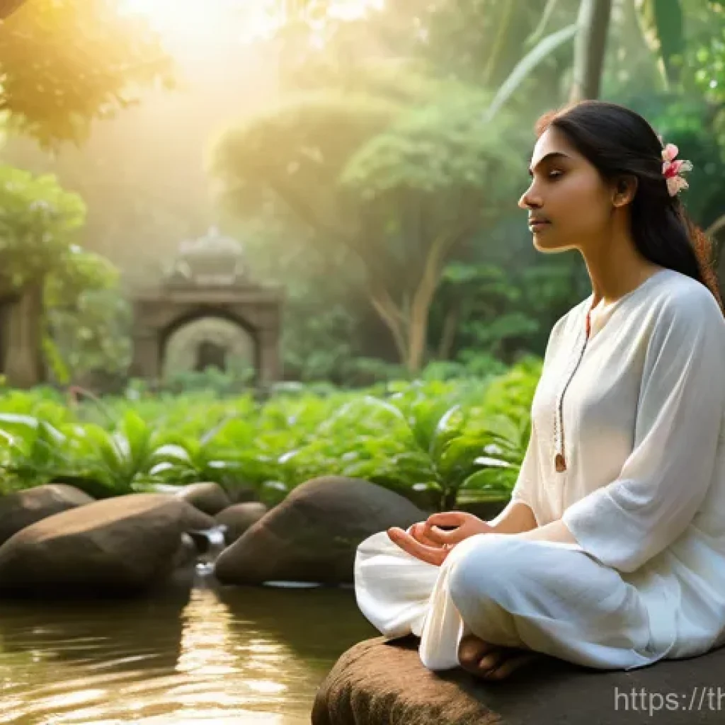 힌디어와 명상 - **Prompt 1: Serene Meditation Amidst Ancient Whispers**
    A tranquil young woman, dressed in comfo...