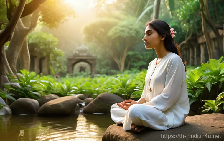 힌디어와 명상 - **Prompt 1: Serene Meditation Amidst Ancient Whispers**
    A tranquil young woman, dressed in comfo...