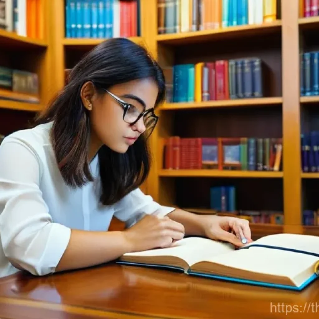 힌디어로 에세이 쓰기 - **A Focused Scholar's Preparation:**
    A young, studious woman, perhaps in her early twenties, is ...