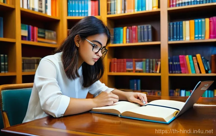 힌디어로 에세이 쓰기 - **A Focused Scholar's Preparation:**
    A young, studious woman, perhaps in her early twenties, is ...