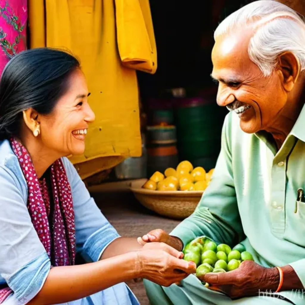 힌디어로 토론하기 - A vibrant, bustling Jaipur market scene on a sunny day. A cheerful Thai female tourist, modestly dre...