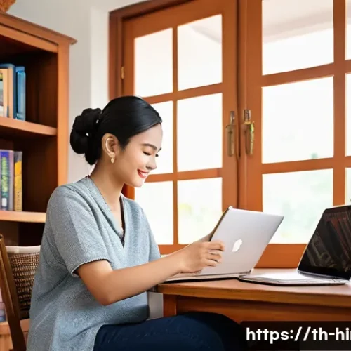 Home 33 힌디어 회화 연습법 - A cozy modern study room in a Thai home, featuring a young Thai adult sitting at a wooden desk with ...