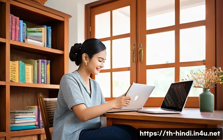 힌디어 회화 연습법 - A cozy modern study room in a Thai home, featuring a young Thai adult sitting at a wooden desk with ...