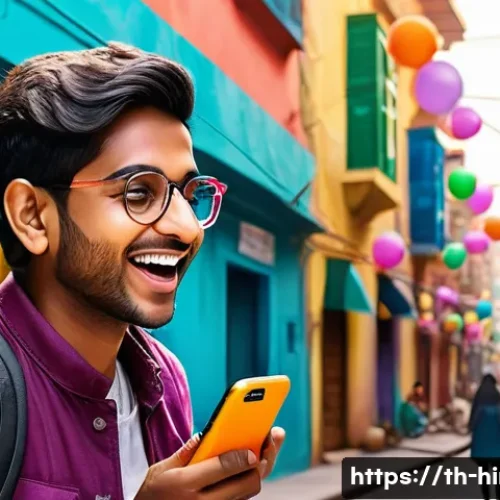 Home 32 힌디어 소셜미디어 용어 - A vibrant digital illustration of a young Indian social media user joyfully interacting with a smart...