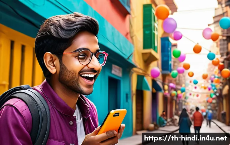 힌디어 소셜미디어 용어 - A vibrant digital illustration of a young Indian social media user joyfully interacting with a smart...