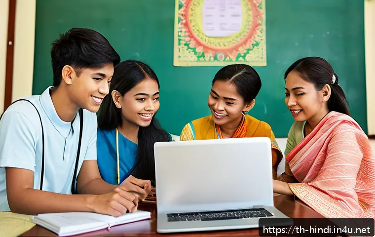 힌디어 사용 인구 - A vibrant digital classroom scene in a Southeast Asian setting where a diverse group of young adults...