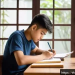 Home 18 힌디어로 논문 작성 - A focused academic workspace featuring a young Thai student diligently organizing research notes for...