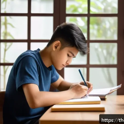 Home 30 힌디어로 논문 작성 - A focused academic workspace featuring a young Thai student diligently organizing research notes for...