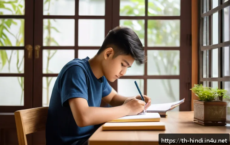 힌디어로 논문 작성 - A focused academic workspace featuring a young Thai student diligently organizing research notes for...