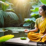 Home 23 힌디어와 철학 - A serene scene of a Thai woman meditating at dawn in a lush tropical garden, surrounded by vibrant g...