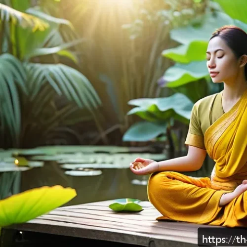 Home 29 힌디어와 철학 - A serene scene of a Thai woman meditating at dawn in a lush tropical garden, surrounded by vibrant g...