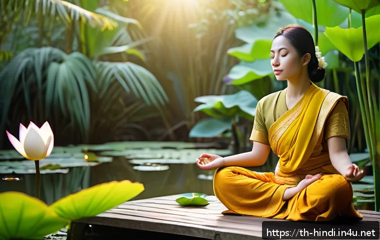 힌디어와 철학 - A serene scene of a Thai woman meditating at dawn in a lush tropical garden, surrounded by vibrant g...